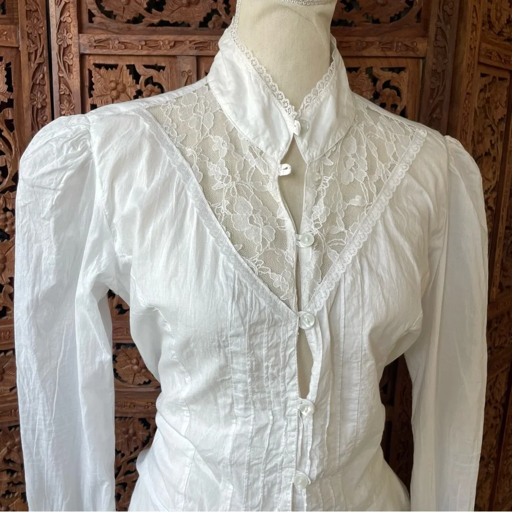 Victorian-Inspired Western White Cotton Lace High-Neck Button Down bell sleeve - Picture 8 of 13